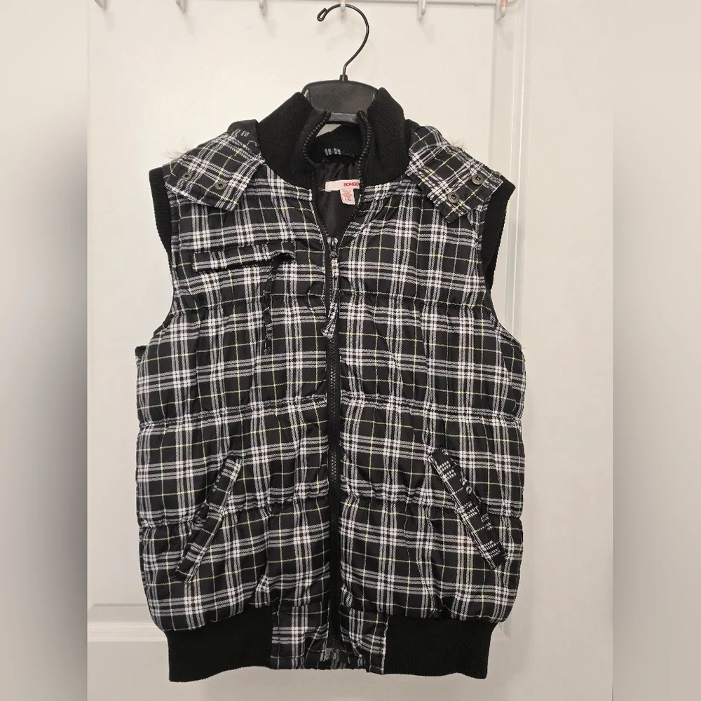 Girl's Bongo Plaid Puffer Vest with Hood